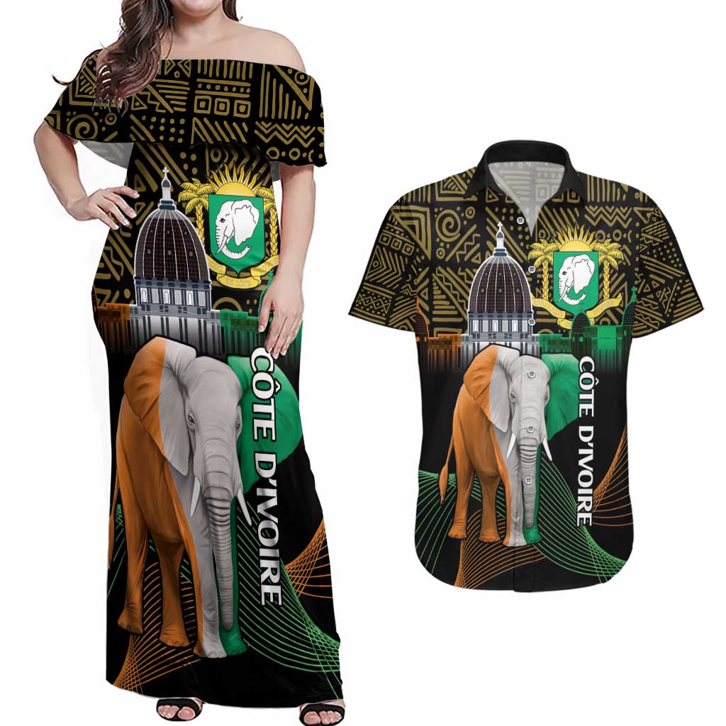 Personalized Cote dIvoire Independence Day Couples Matching Off Shoulder Maxi Dress and Hawaiian Shirt Ivory Coast Elephant African Pattern - Wonder Print Shop