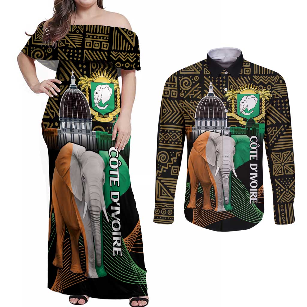 Personalized Cote dIvoire Independence Day Couples Matching Off Shoulder Maxi Dress and Long Sleeve Button Shirt Ivory Coast Elephant African Pattern - Wonder Print Shop