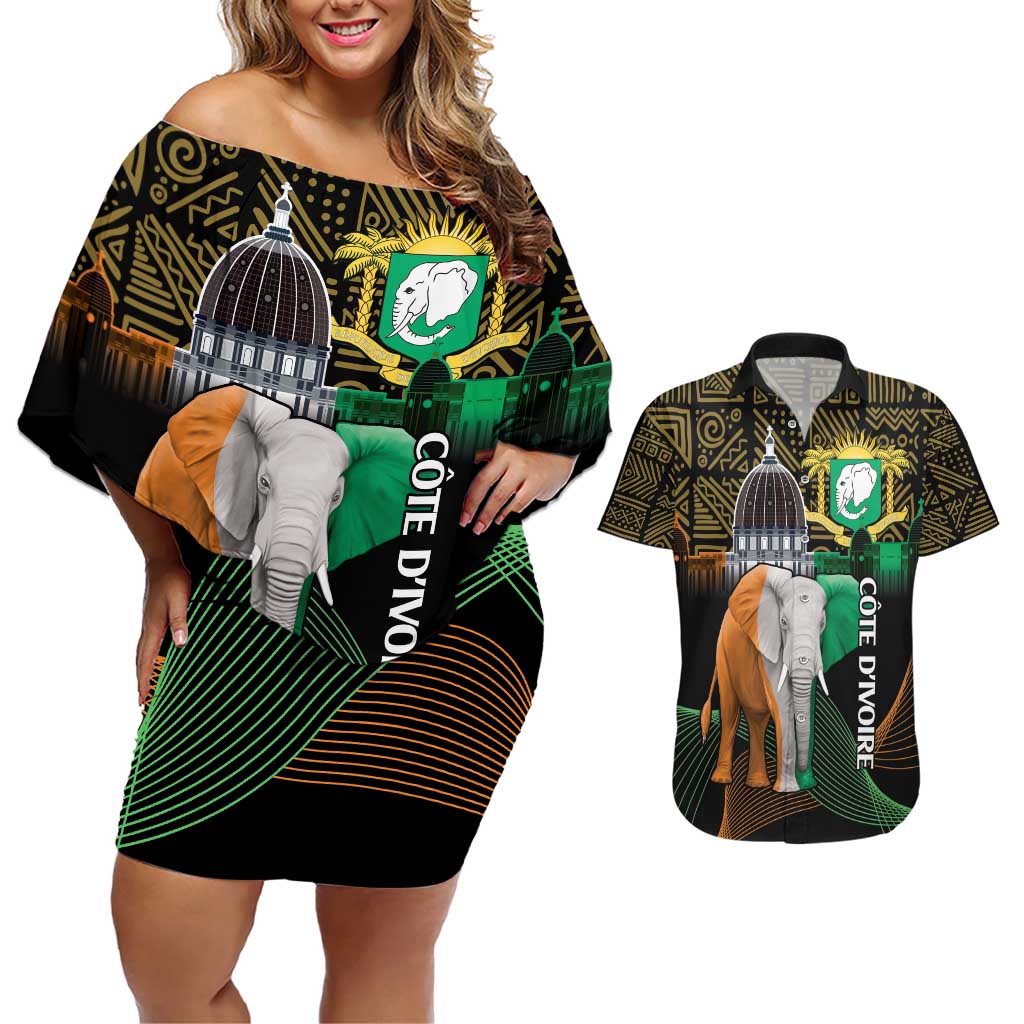 Personalized Cote dIvoire Independence Day Couples Matching Off Shoulder Short Dress and Hawaiian Shirt Ivory Coast Elephant African Pattern - Wonder Print Shop