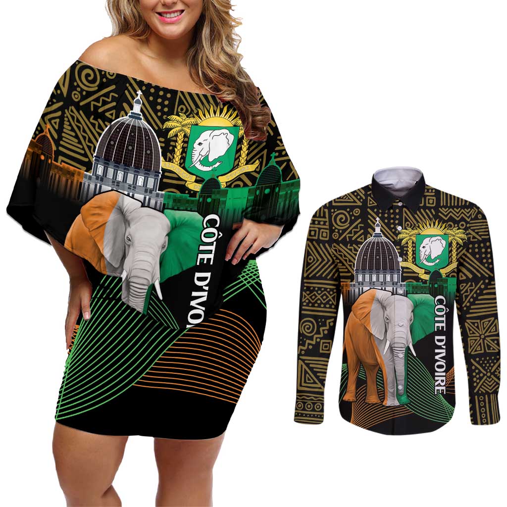 Personalized Cote dIvoire Independence Day Couples Matching Off Shoulder Short Dress and Long Sleeve Button Shirt Ivory Coast Elephant African Pattern - Wonder Print Shop