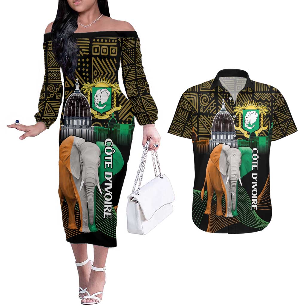 Personalized Cote dIvoire Independence Day Couples Matching Off The Shoulder Long Sleeve Dress and Hawaiian Shirt Ivory Coast Elephant African Pattern - Wonder Print Shop