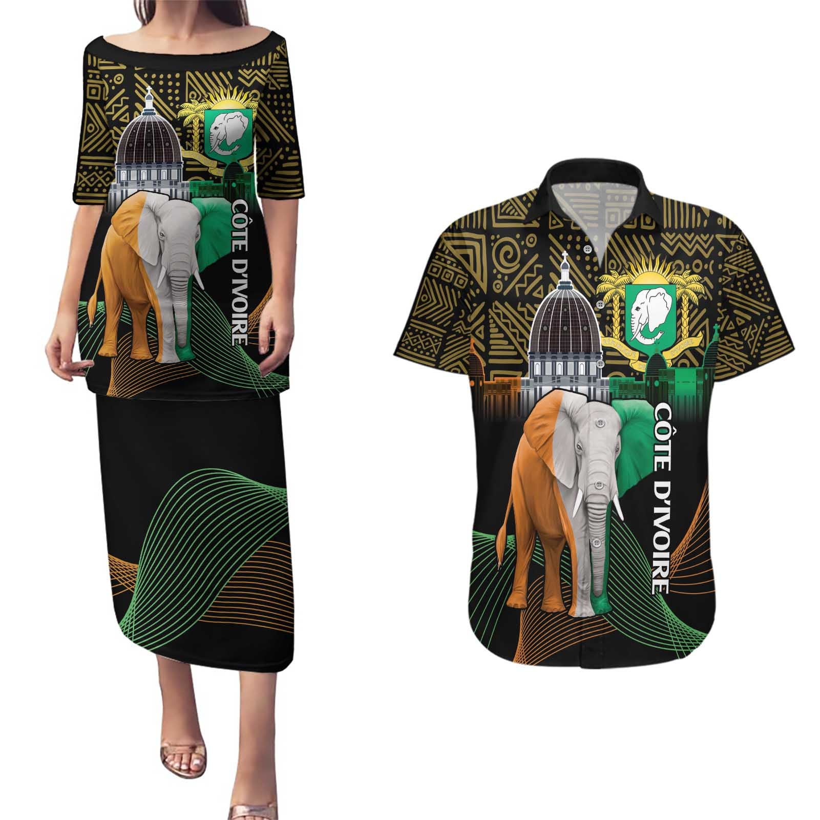 Personalized Cote dIvoire Independence Day Couples Matching Puletasi and Hawaiian Shirt Ivory Coast Elephant African Pattern - Wonder Print Shop