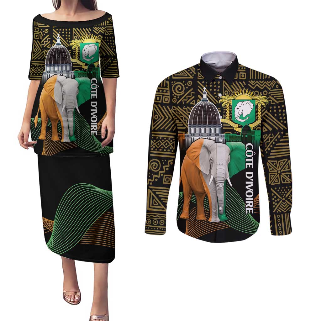 Personalized Cote dIvoire Independence Day Couples Matching Puletasi and Long Sleeve Button Shirt Ivory Coast Elephant African Pattern - Wonder Print Shop