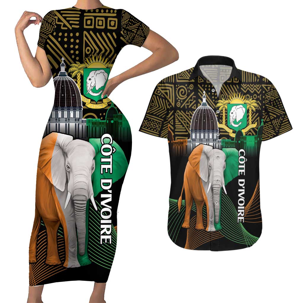 Personalized Cote dIvoire Independence Day Couples Matching Short Sleeve Bodycon Dress and Hawaiian Shirt Ivory Coast Elephant African Pattern - Wonder Print Shop