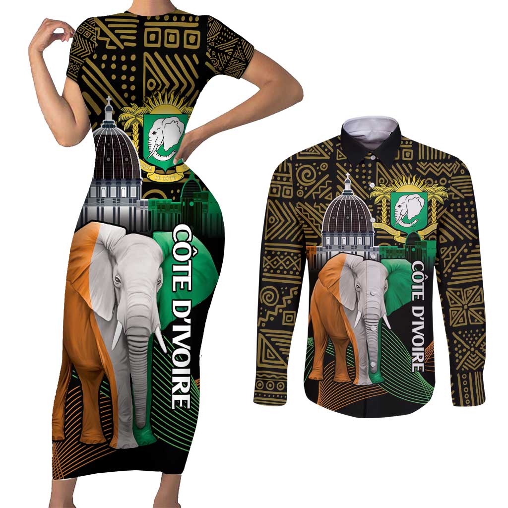 Personalized Cote dIvoire Independence Day Couples Matching Short Sleeve Bodycon Dress and Long Sleeve Button Shirt Ivory Coast Elephant African Pattern - Wonder Print Shop