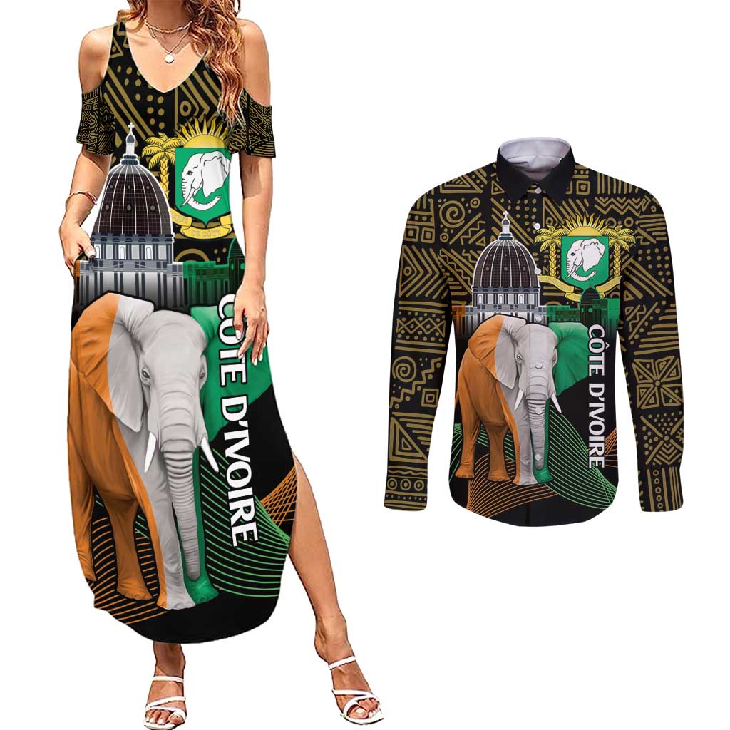 Personalized Cote dIvoire Independence Day Couples Matching Summer Maxi Dress and Long Sleeve Button Shirt Ivory Coast Elephant African Pattern - Wonder Print Shop