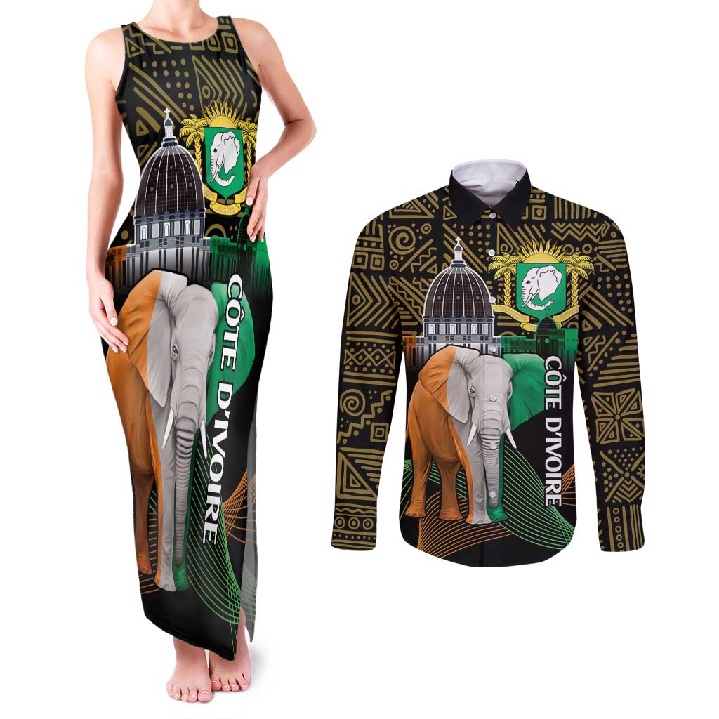 Personalized Cote dIvoire Independence Day Couples Matching Tank Maxi Dress and Long Sleeve Button Shirt Ivory Coast Elephant African Pattern - Wonder Print Shop