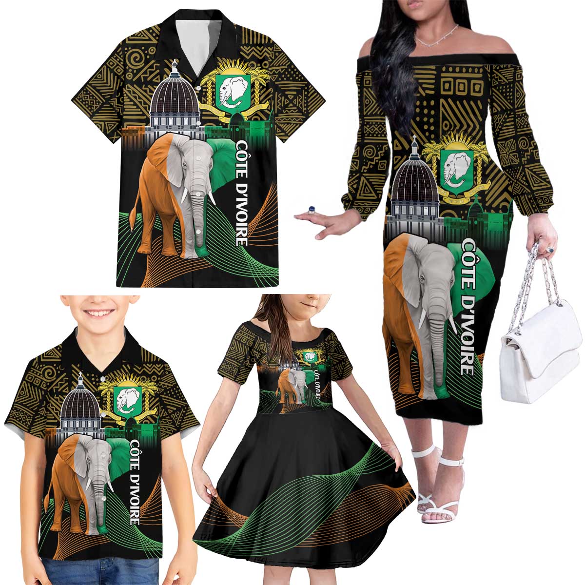 Personalized Cote dIvoire Independence Day Family Matching Off The Shoulder Long Sleeve Dress and Hawaiian Shirt Ivory Coast Elephant African Pattern - Wonder Print Shop