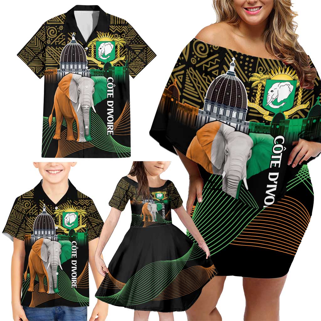 Personalized Cote dIvoire Independence Day Family Matching Off Shoulder Short Dress and Hawaiian Shirt Ivory Coast Elephant African Pattern - Wonder Print Shop