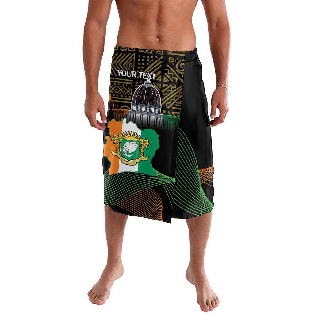 Black lavalava wrap skirt with "YOUR TEXT" banner and elephant crest