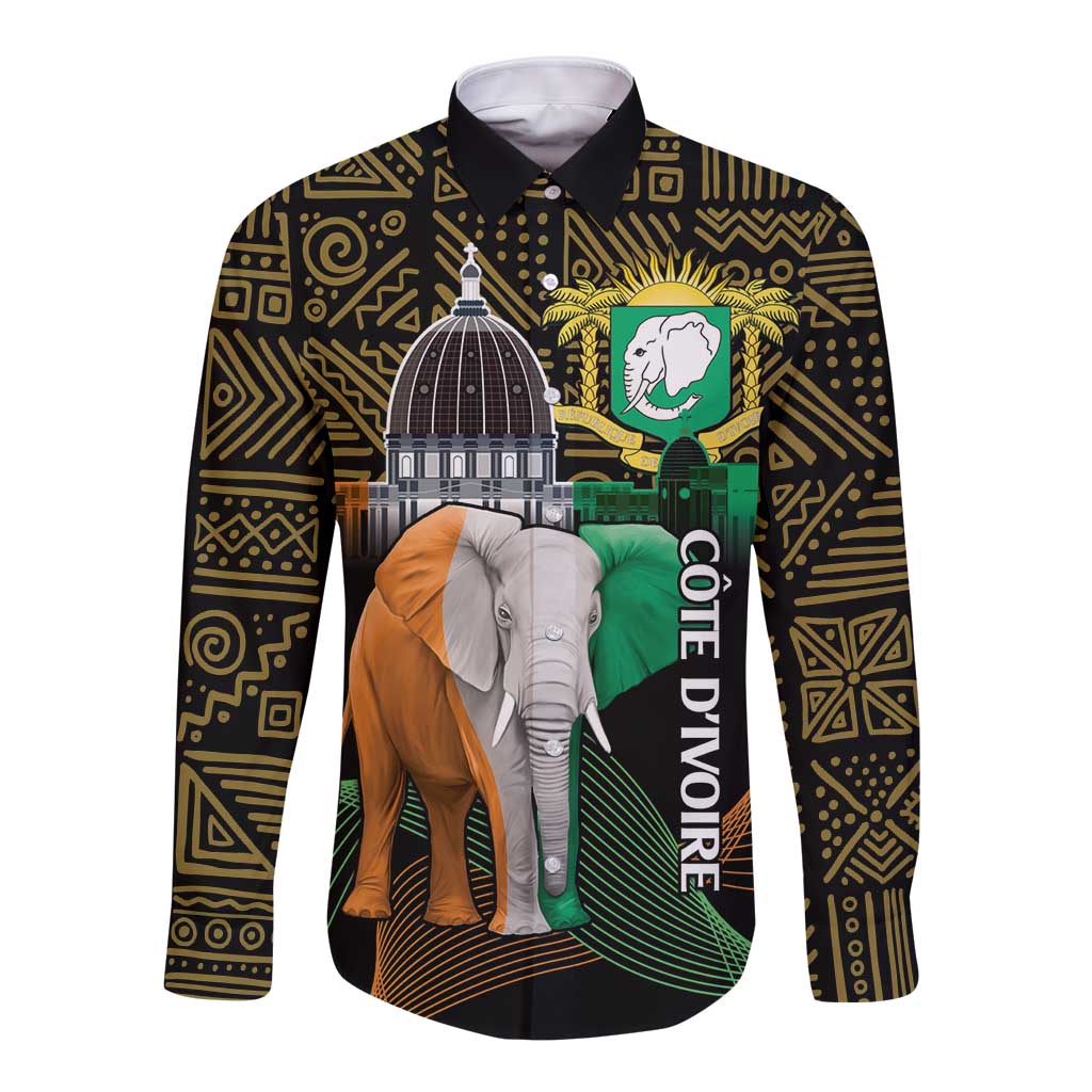 Black long-sleeve button shirt with geometric pattern and Cote d'Ivoire elephant print