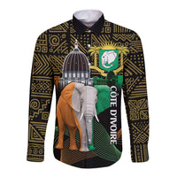 Black long-sleeve button shirt with geometric pattern and Cote d'Ivoire elephant print