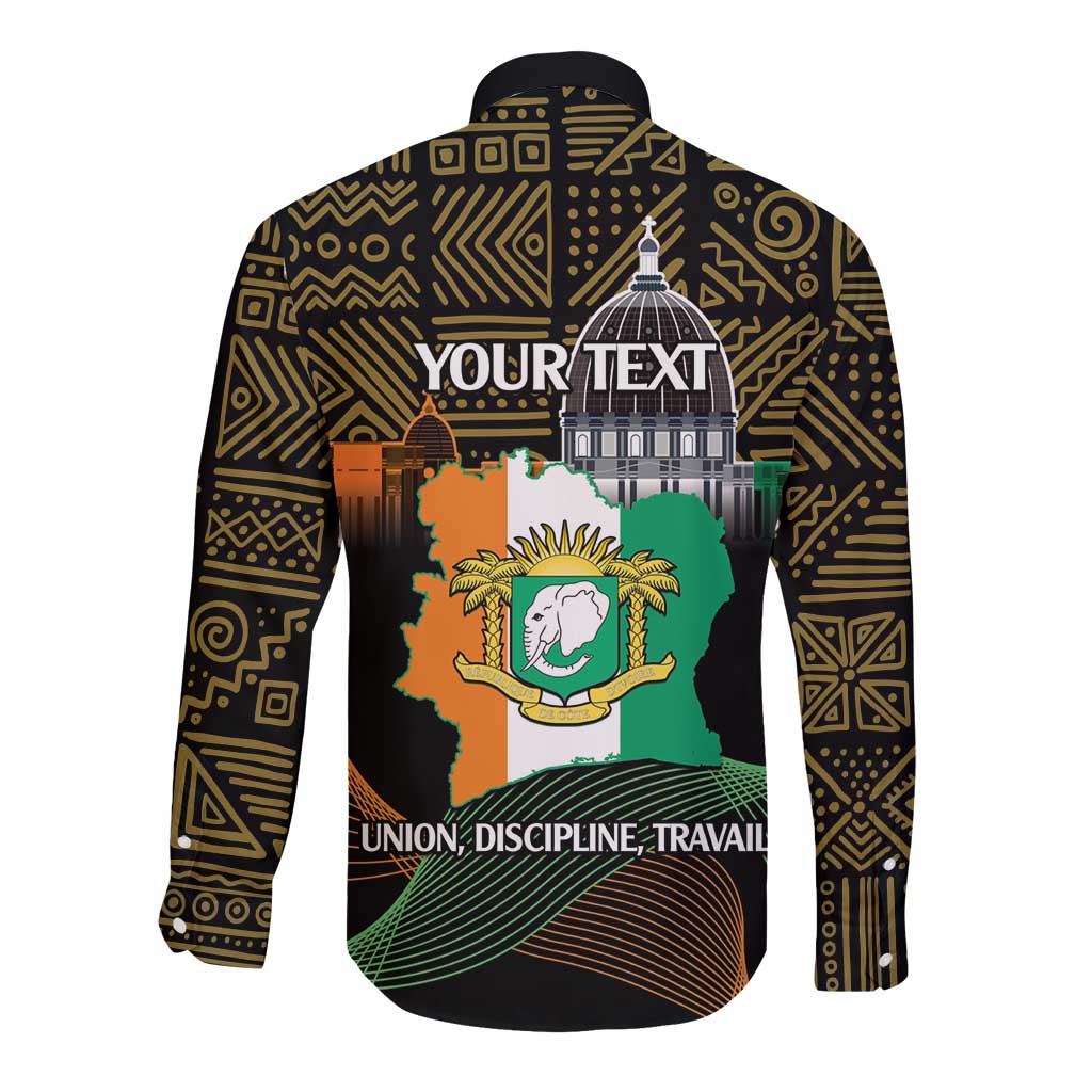 Black long-sleeve button shirt with back print, tower crest, and motto text
