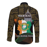 Black long-sleeve button shirt with back print, tower crest, and motto text