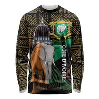 Unisex long-sleeve shirt with elephant emblem, mosque graphic, gold geometric pattern