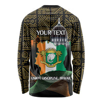 Unisex long-sleeve shirt with elephant shield, mosque, 'YOUR TEXT' and motto, gold pattern