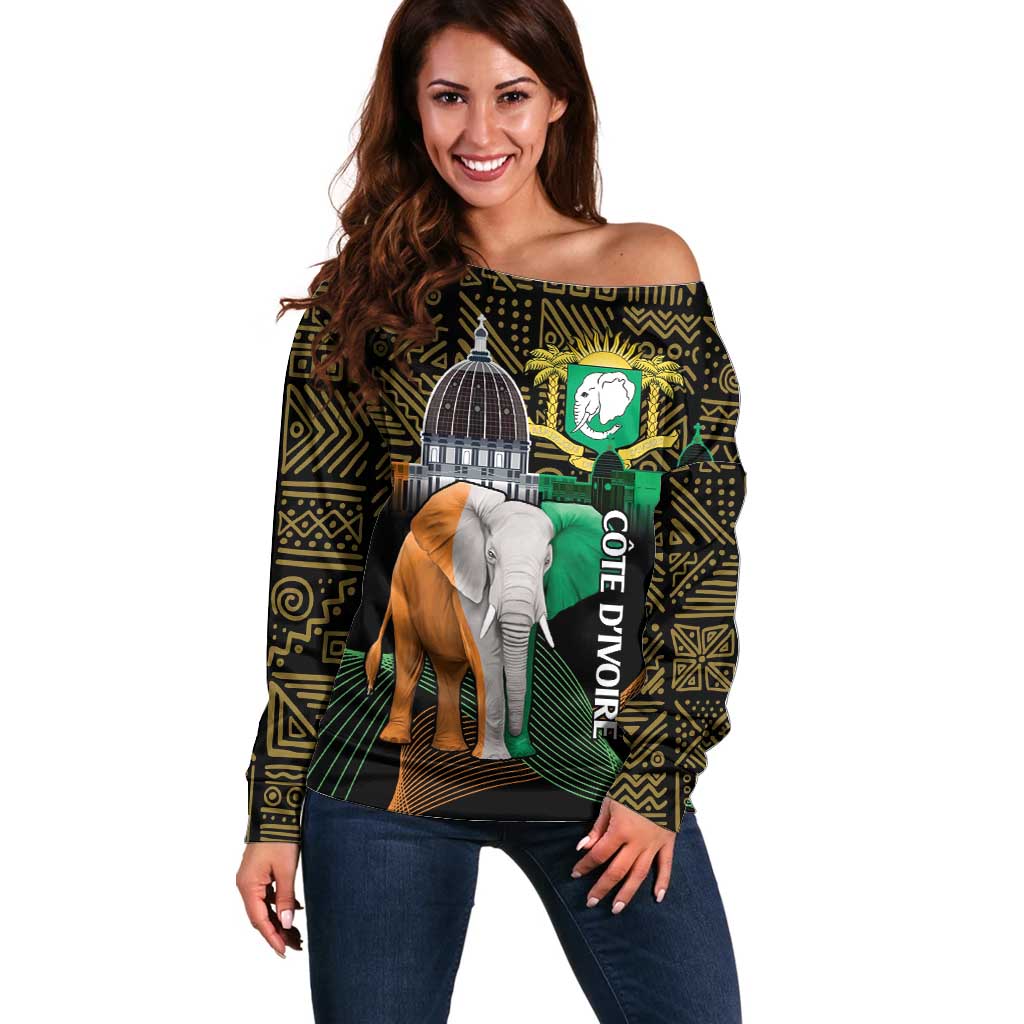 Personalized Cote dIvoire Independence Day Off Shoulder Sweater Ivory Coast Elephant African Pattern - Wonder Print Shop