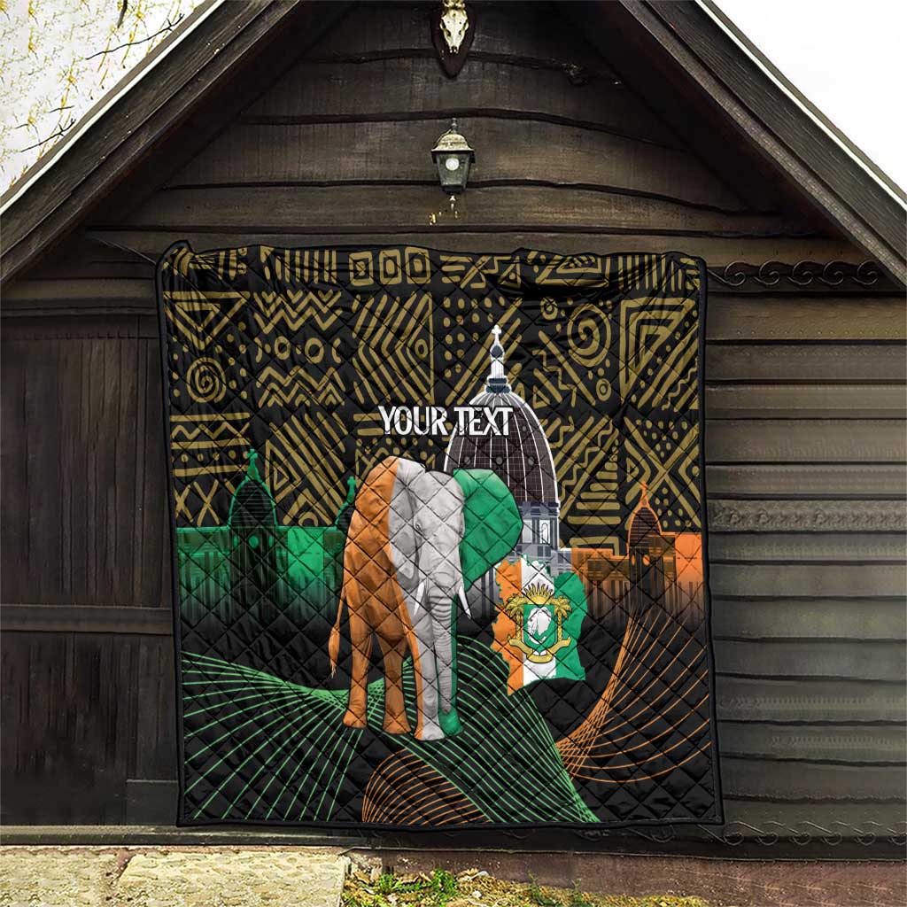 Personalized quilt in a wooden shed with elephant and green flag on black geometric print