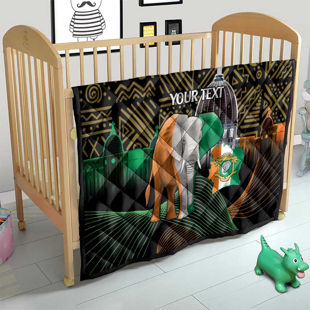 Personalized throw quilt with elephant and green flag on black geometric African pattern