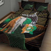 Black African elephant quilt bed set with green and gold geometric pattern and pillows