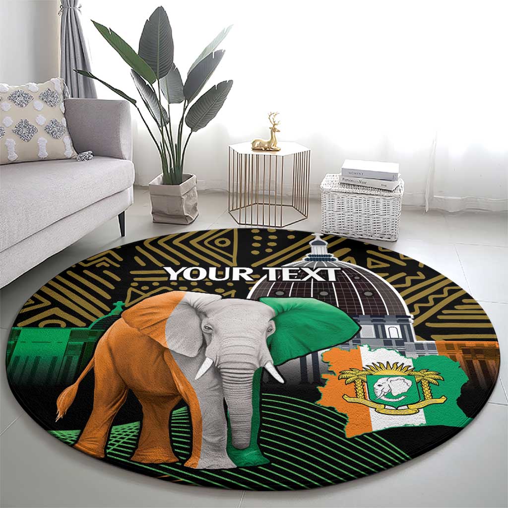 Round African pattern rug in dark tones with elephant and shield emblem centerpiece