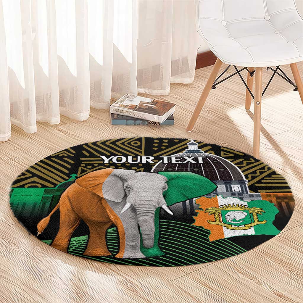 Round elephant-themed decorative rug with Ghana-style shield design and dark geometric border