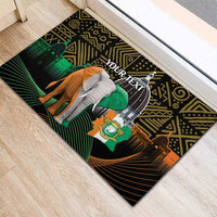 Black rubber doormat with elephant illustration, crest, and 'Your Text' overlay