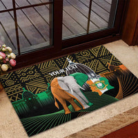 Black rubber doormat with elephant and African pattern, custom 'Your Text'