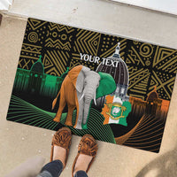 Black rubber doormat with elephant and African geometric pattern, custom 'Your Text'