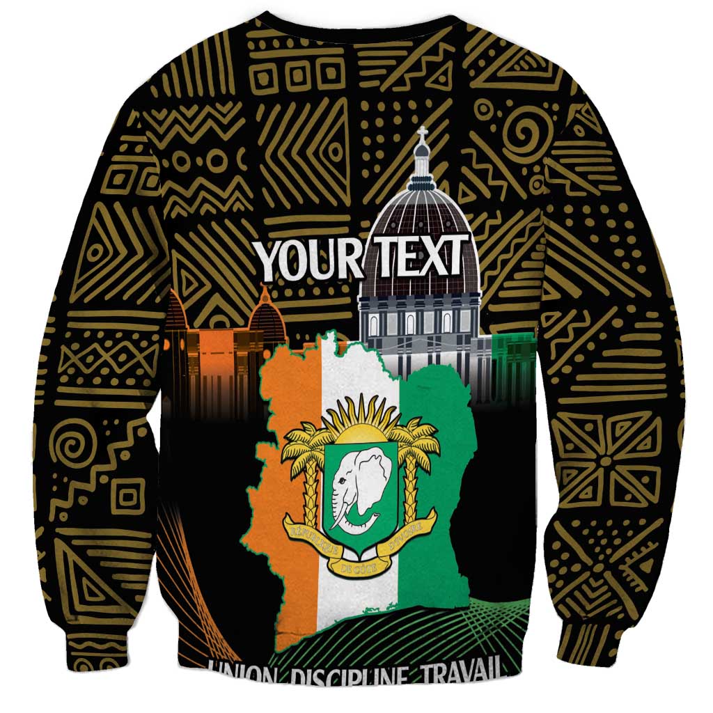 Unisex black sweatshirt with gold tribal pattern and central elephant graphic, 'YOUR TEXT'