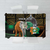 Personalized tablecloth with black gold green elephant and skyline pattern, custom text panel
