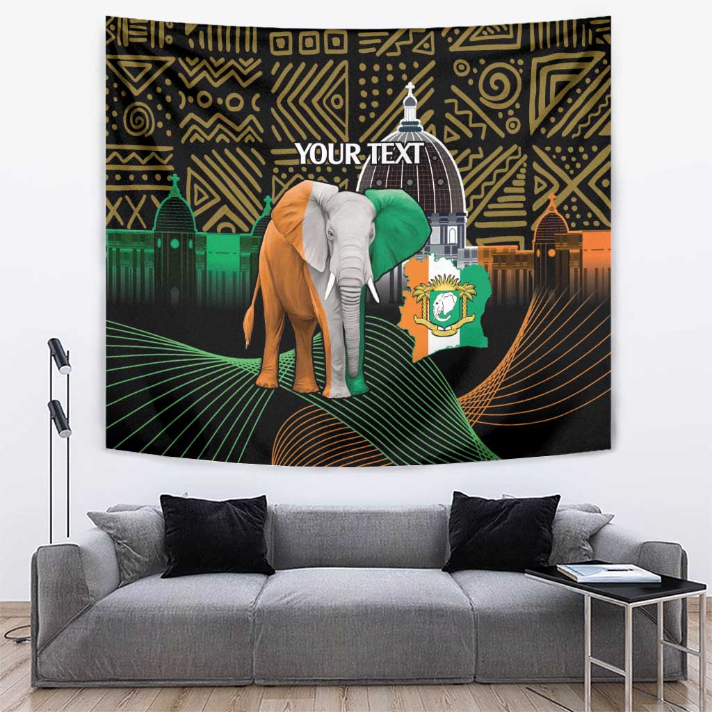Personalized black tapestry with elephant, green head wrap, gold geometric patterns, your text.
