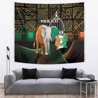 Personalized black tapestry with elephant, green head wrap, gold geometric patterns, your text.