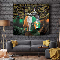 Personalized black tapestry with elephant and green head wrap, gold Aztec-style patterns.