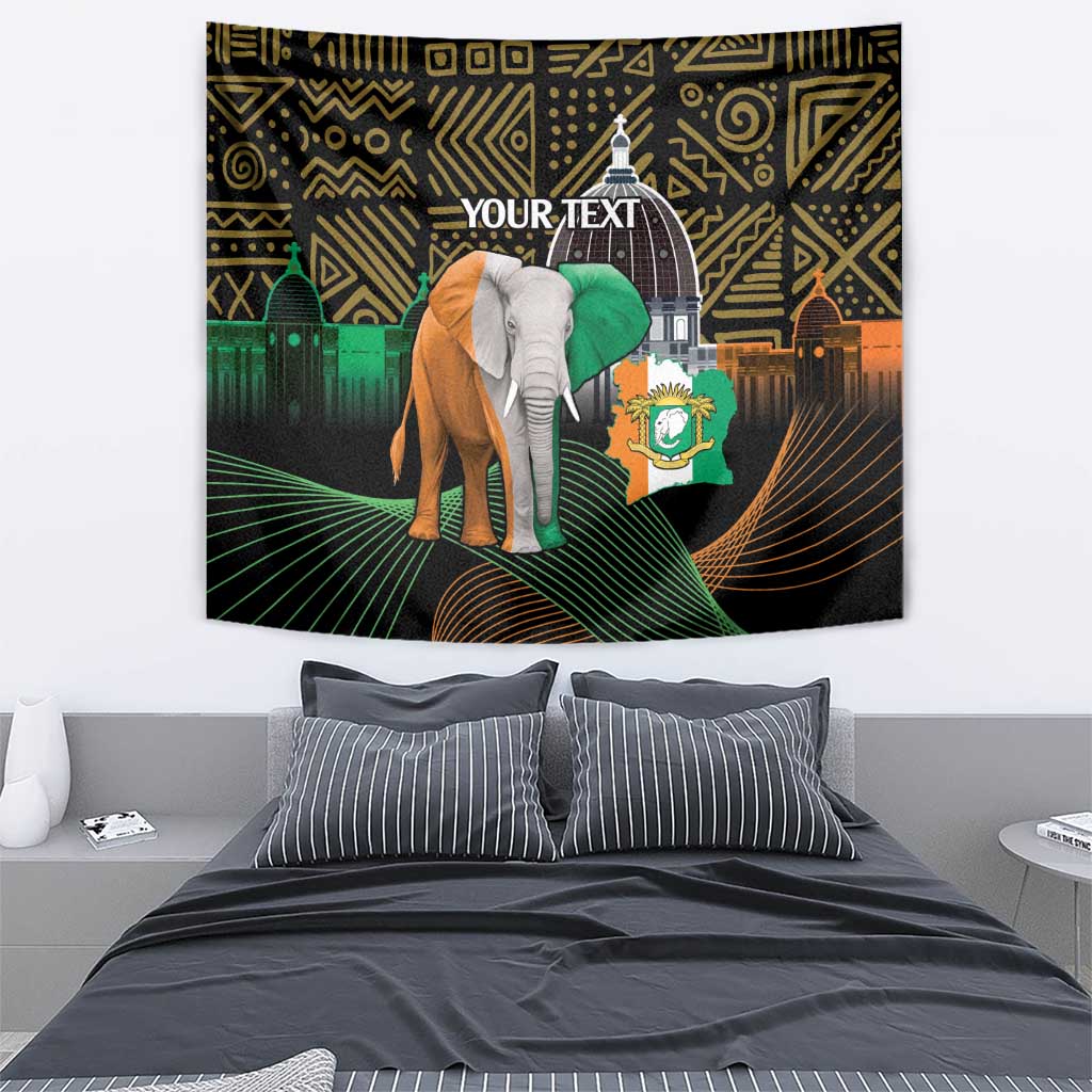Personalized black tapestry featuring elephant in green and orange, gold geometric border.