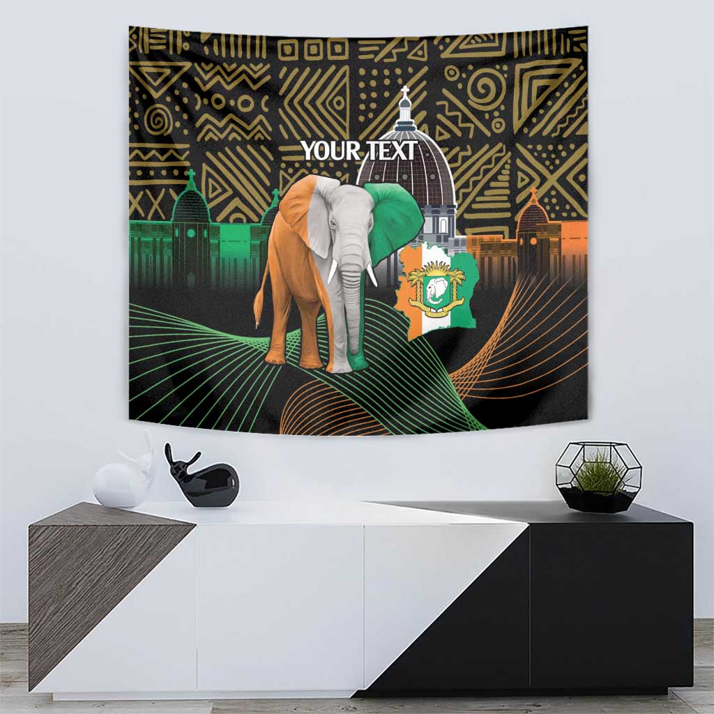 Personalized black wall tapestry with elephant, green head wrap, gold patterns, city tower scene.