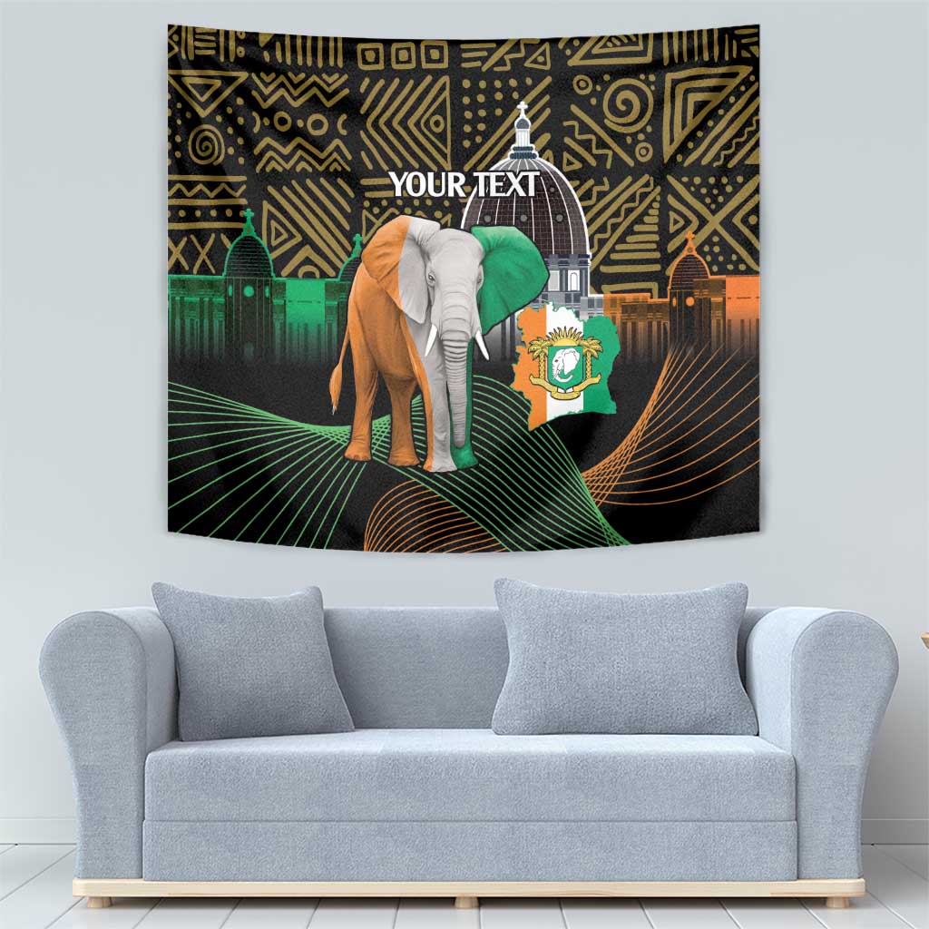 Personalized black tapestry with elephant, green head wrap, gold patterns, crest flag graphic.