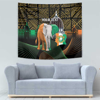 Personalized black tapestry with elephant, green head wrap, gold patterns, crest flag graphic.
