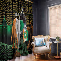 Window curtain panels with African pattern, elephant graphic, and custom text in gold/green