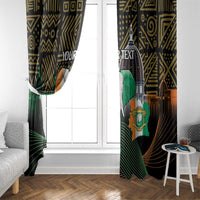 Window curtain panel with elephant and custom text, geometric gold pattern on dark fabric