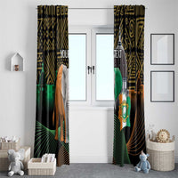 Window curtain panels with elephant and crest flag graphic, gold and green on dark fabric