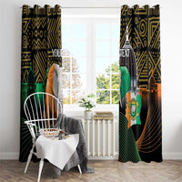 Window curtain panels with elephant and crest flag, geometric gold motifs on dark fabric