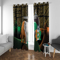 Window curtain panels with elephant graphic, flag crest, and custom text on black-gold background