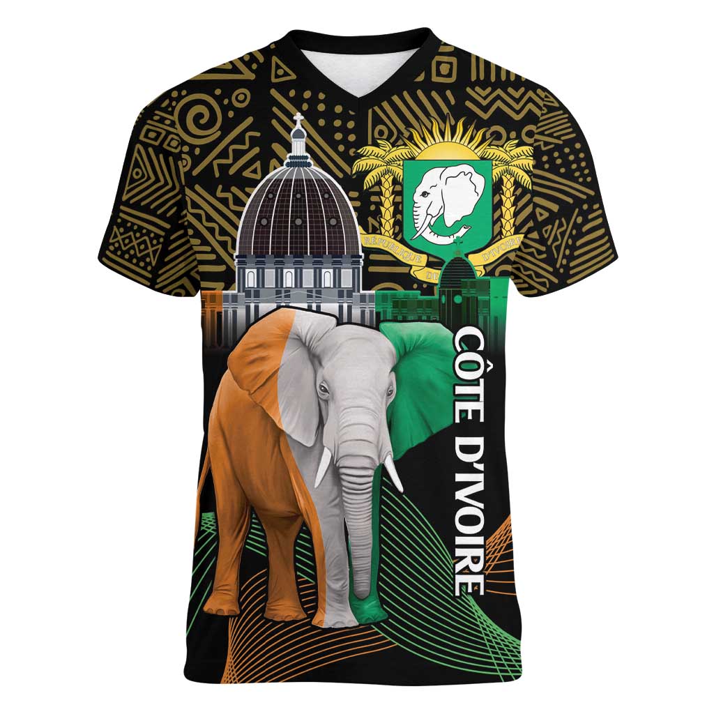 Personalized Cote dIvoire Independence Day Women V-Neck T-Shirt Ivory Coast Elephant African Pattern