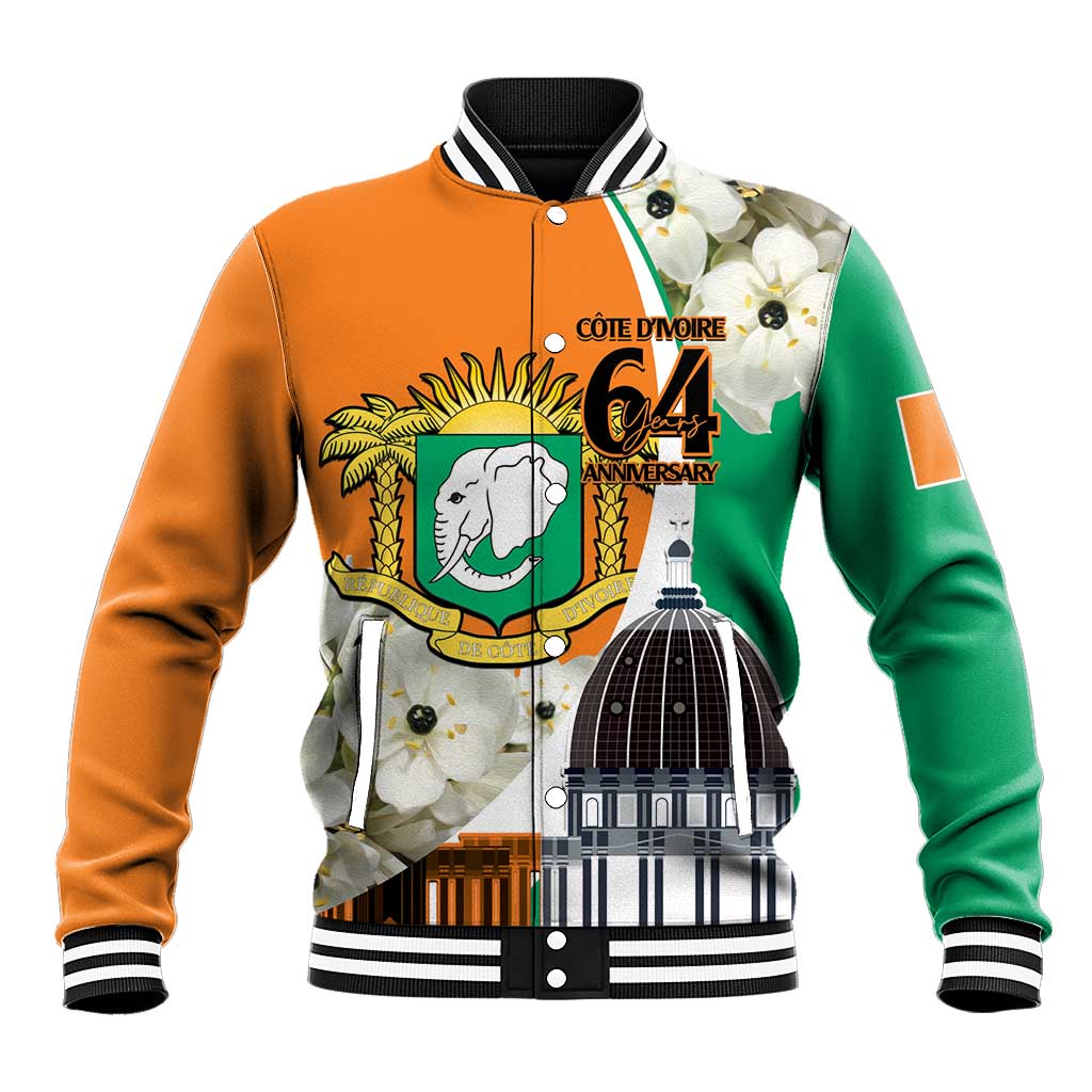 Unisex baseball jacket, orange/green colorblock, full-zip, striped trim, front anniversary graphic