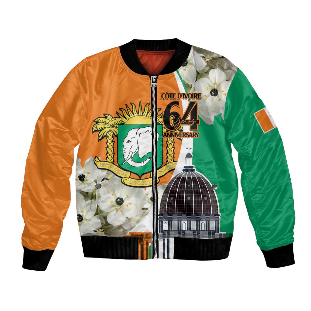 Unisex bomber jacket with orange, green, and white panels; floral and monument graphic.