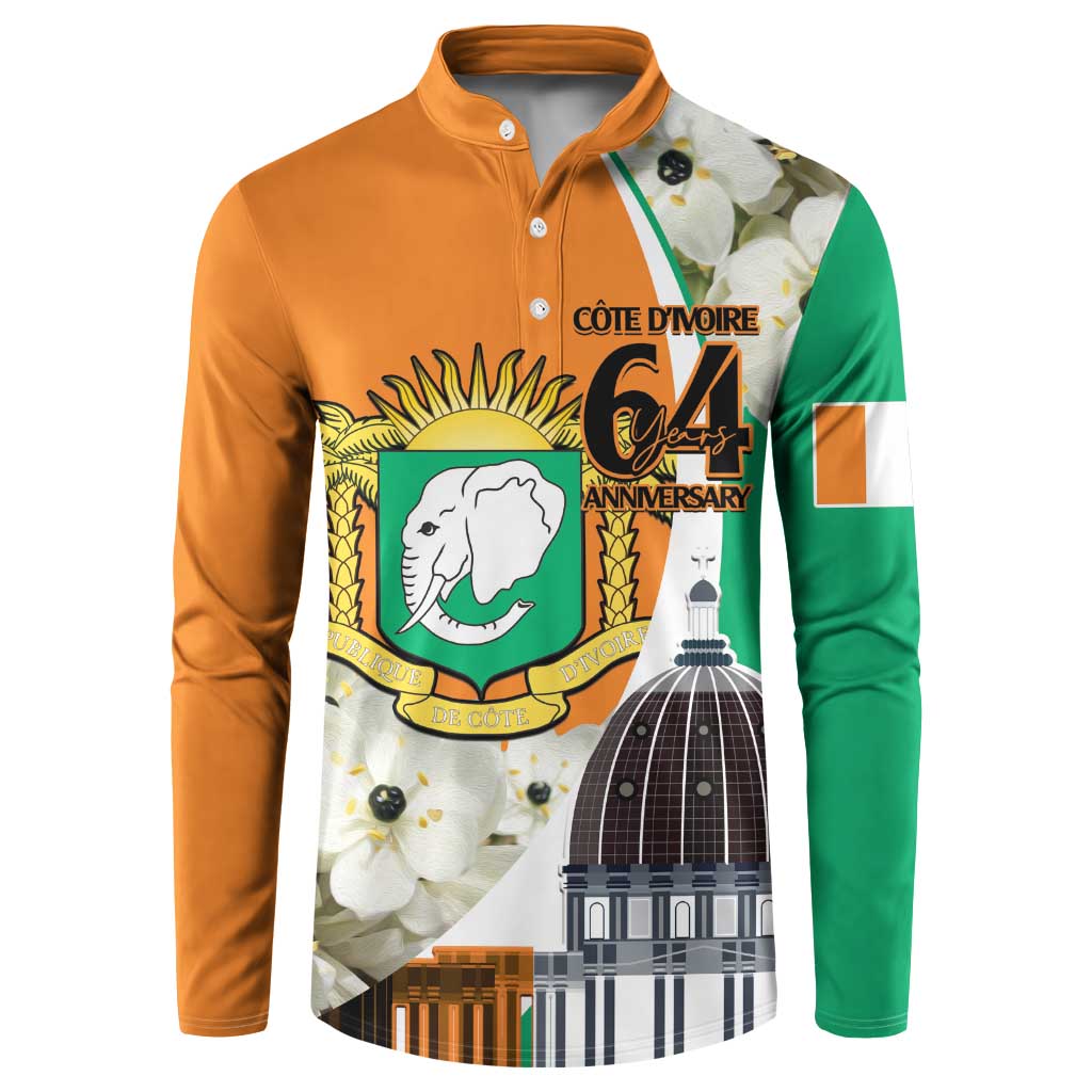 Orange button-front sweatshirt with Ivory Coast 64th anniversary graphic print