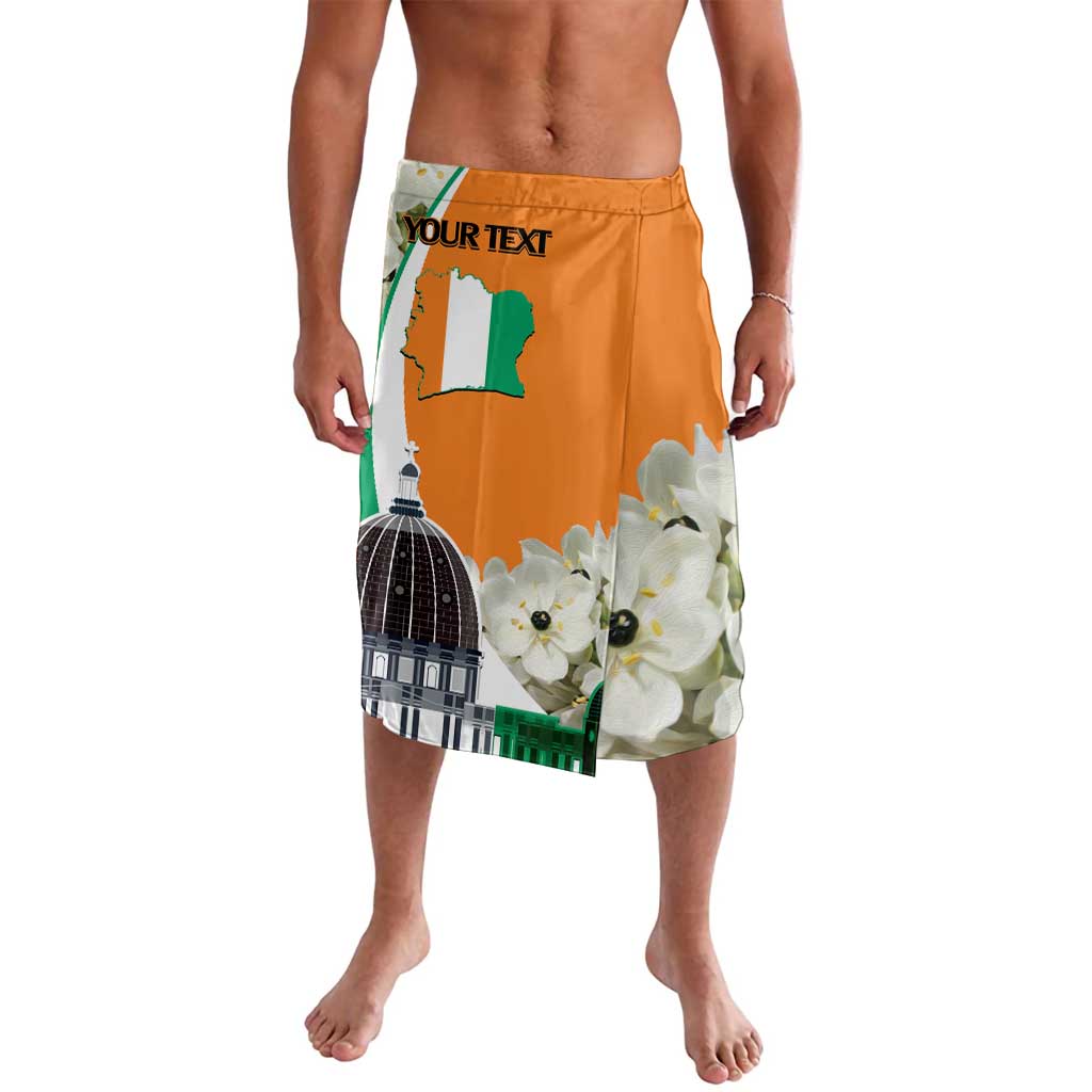 Orange personalized lavalava skirt with YOUR TEXT, green map graphic, and white flowers