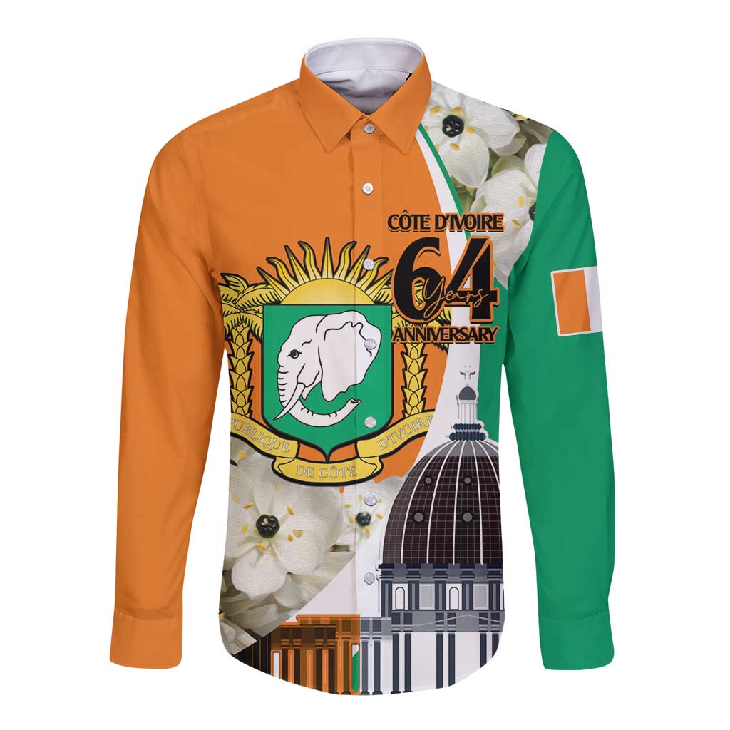 Orange long-sleeve button shirt with green sleeve panel and 64th anniversary emblem