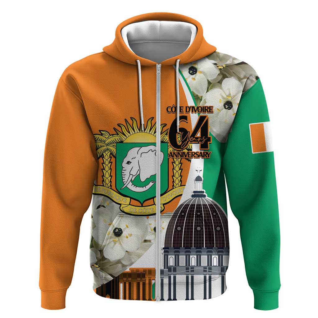 Personalized Ivory Coast Independence Day Zip Hoodie Ornithogalum Arabicum Happy 64 Years Anniversary - Wonder Print Shop